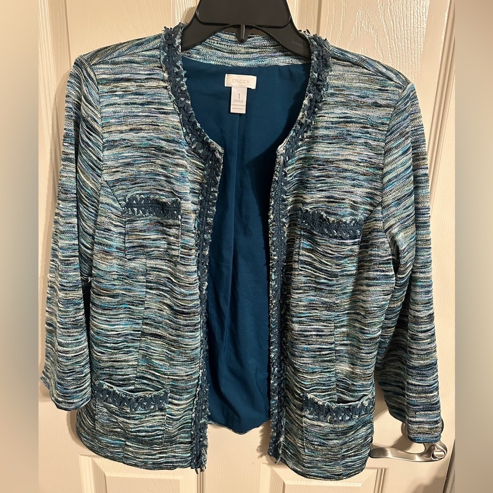 Chico’s Knit Fringe Ronique Open Front Jacket, Blue/Green, Size 1/M - Picture 1 of 5